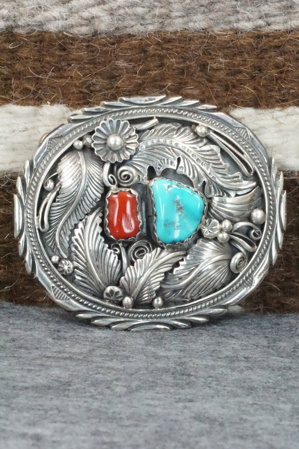 Turquoise, Coral & Sterling Silver Belt Buckle - Robert Kelly