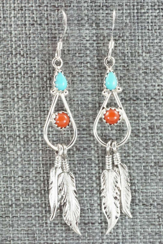 Turquoise, Coral and Sterling Silver Earrings - Annie Spencer