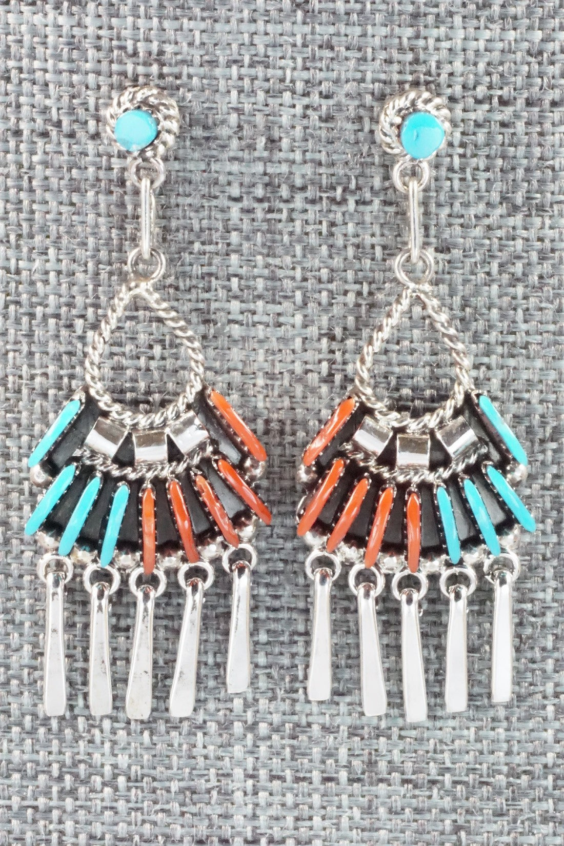 Turquoise, Coral & Sterling Silver Earrings - Edmund Cooeyate