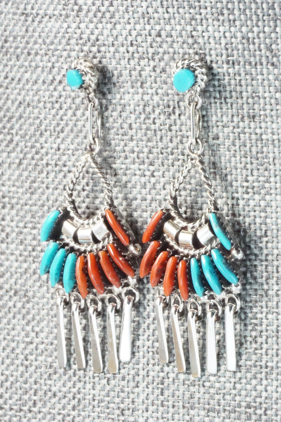 Turquoise, Coral & Sterling Silver Earrings - Edmund Cooeyate