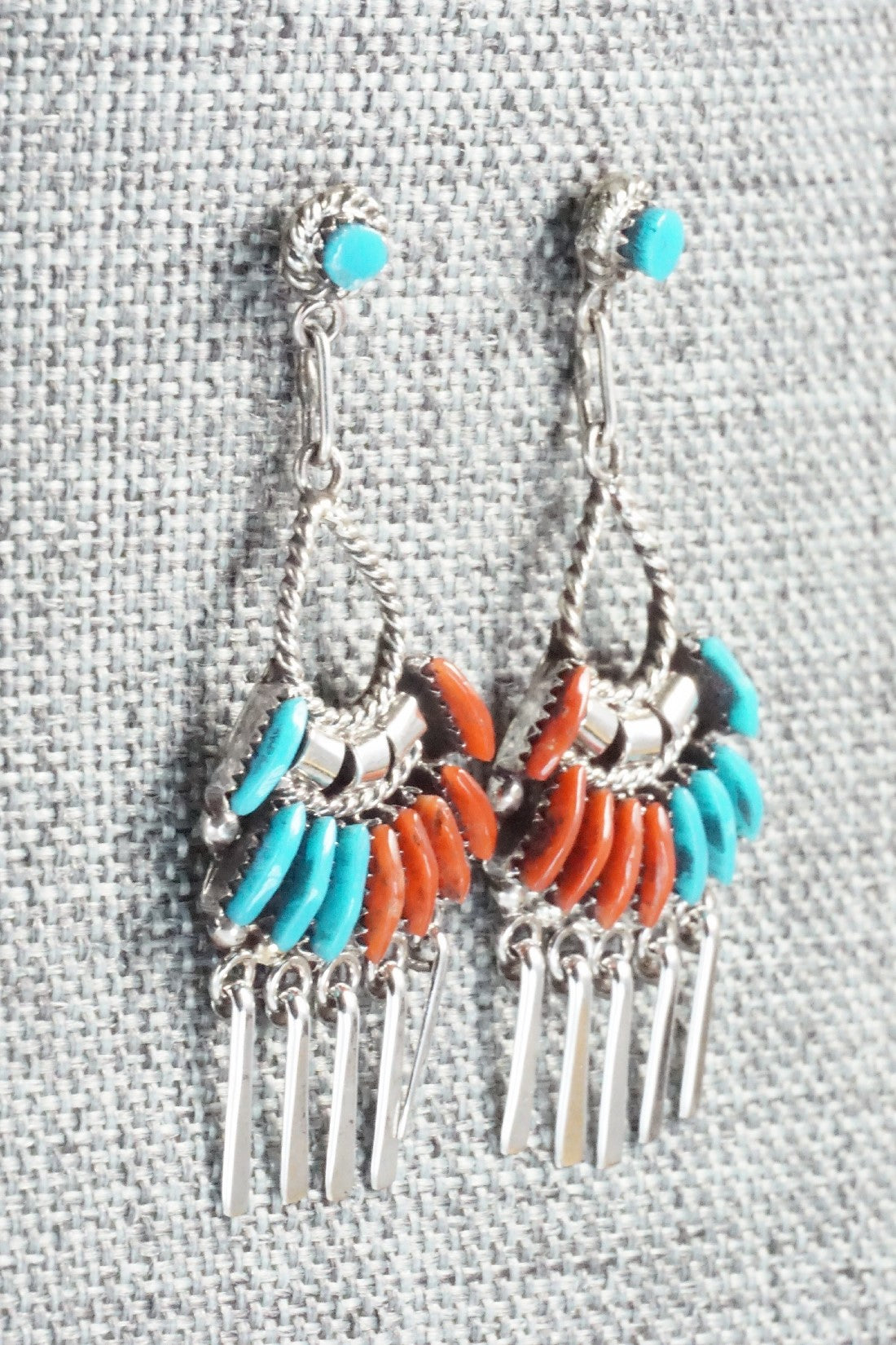 Turquoise, Coral & Sterling Silver Earrings - Edmund Cooeyate