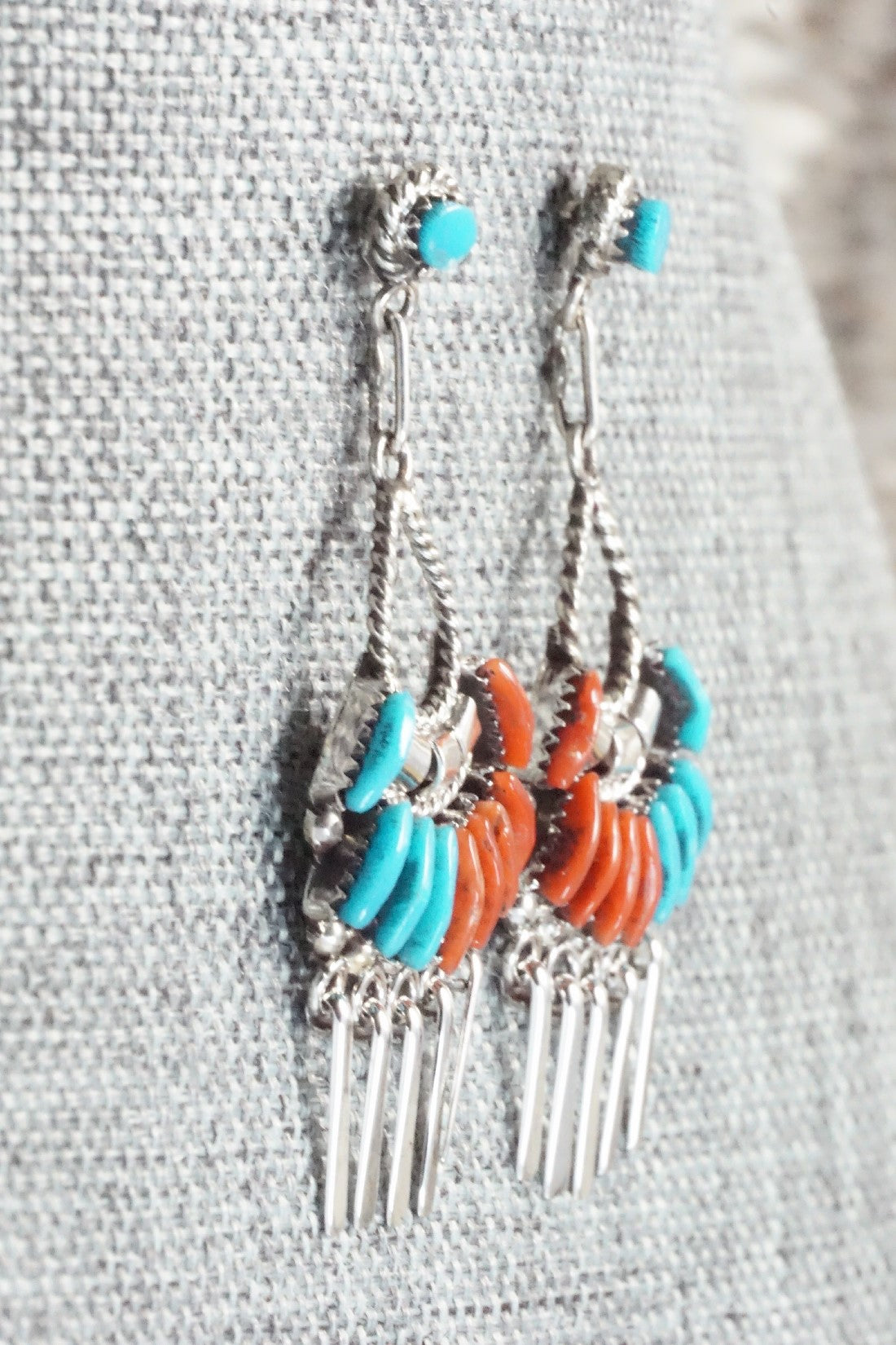 Turquoise, Coral & Sterling Silver Earrings - Edmund Cooeyate