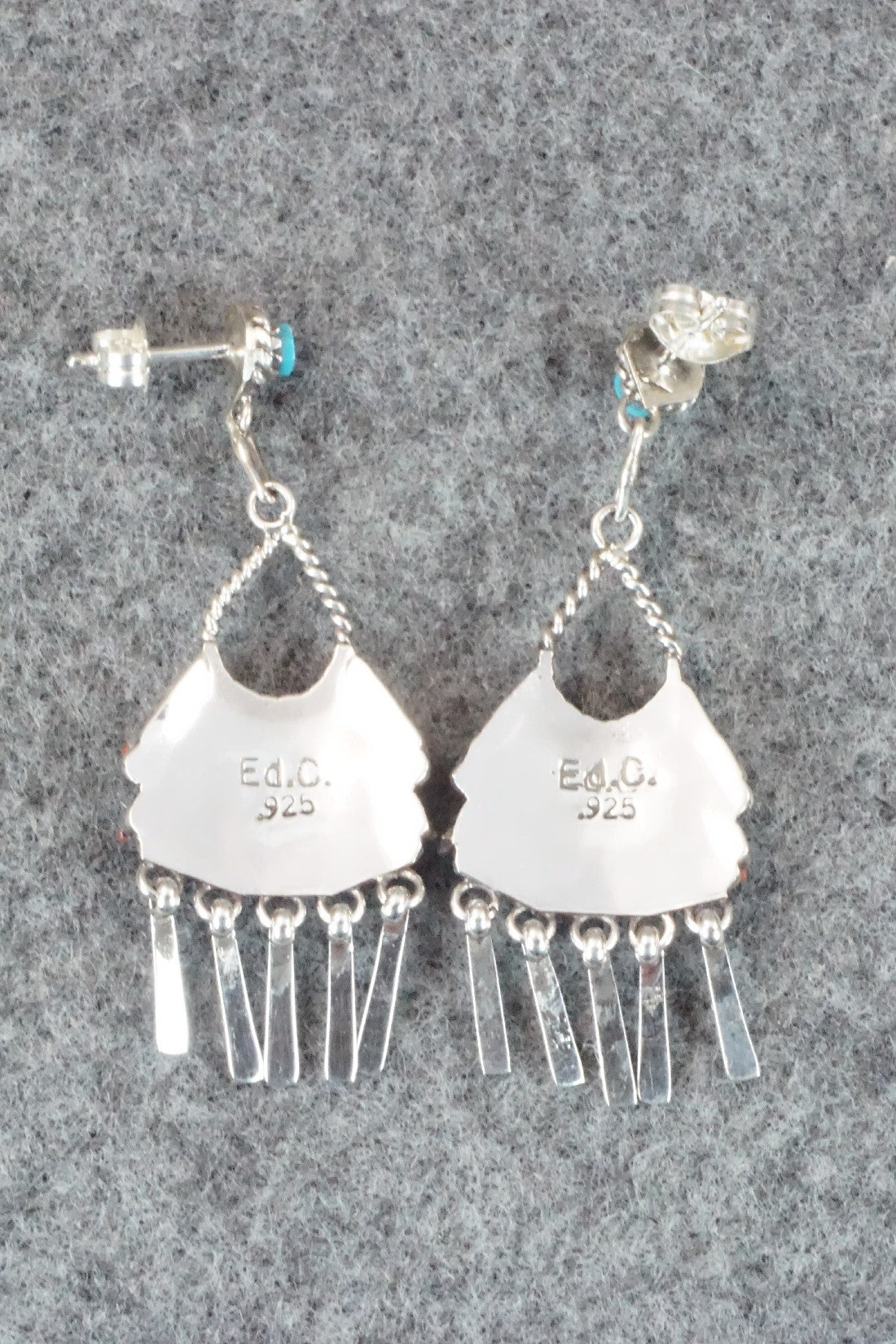 Turquoise, Coral & Sterling Silver Earrings - Edmund Cooeyate