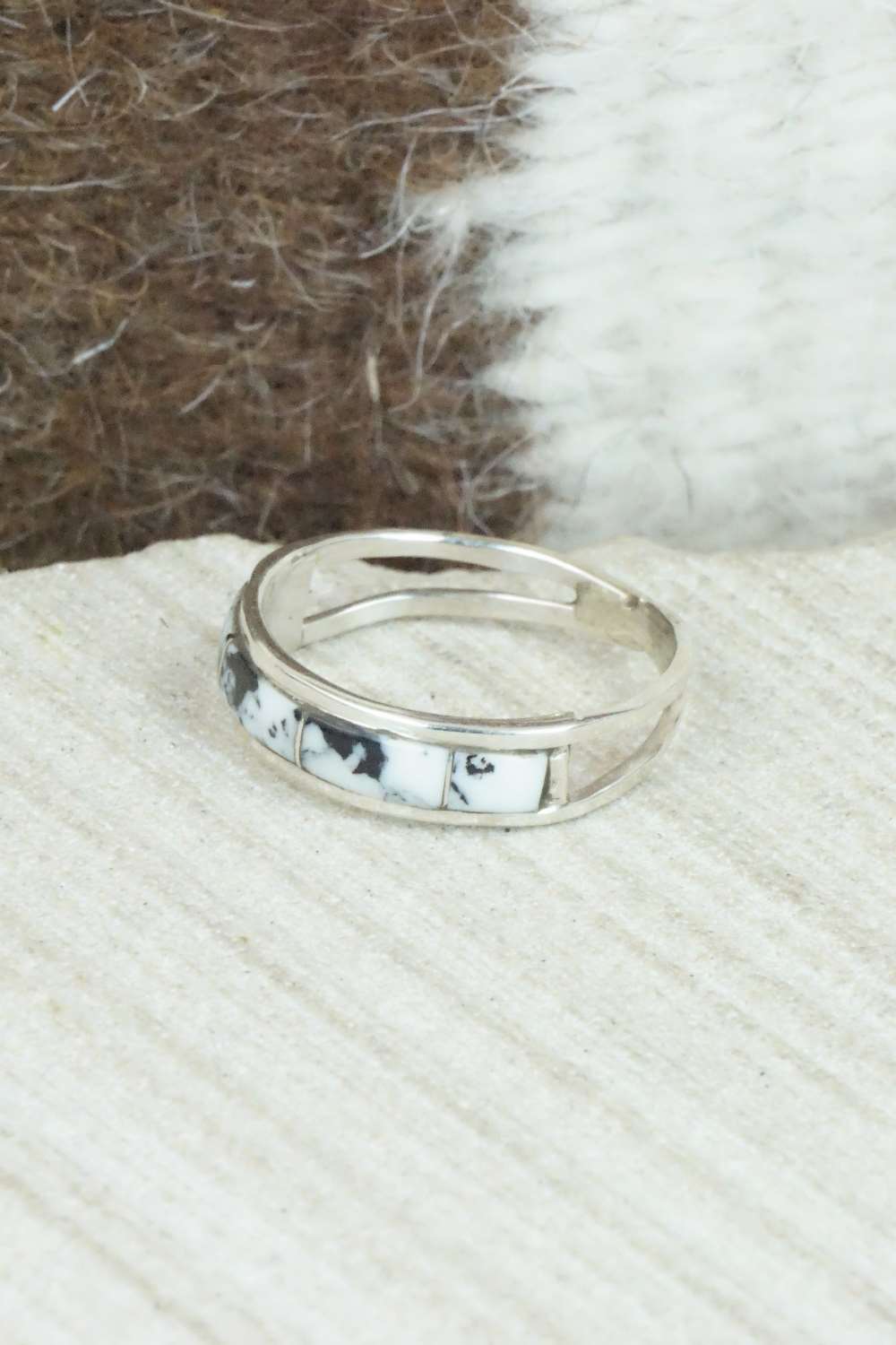 White Buffalo & Sterling Silver Inlay Ring - Debbie Livingston - Size 7
