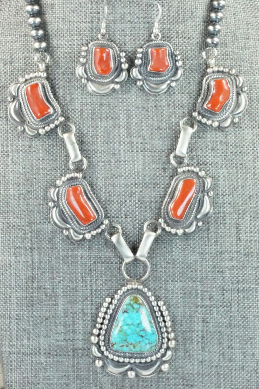 Turquoise, Coral & Sterling Silver Necklace and Earrings Set - Tom Lewis