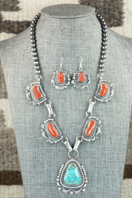 Turquoise, Coral & Sterling Silver Necklace and Earrings Set - Tom Lewis