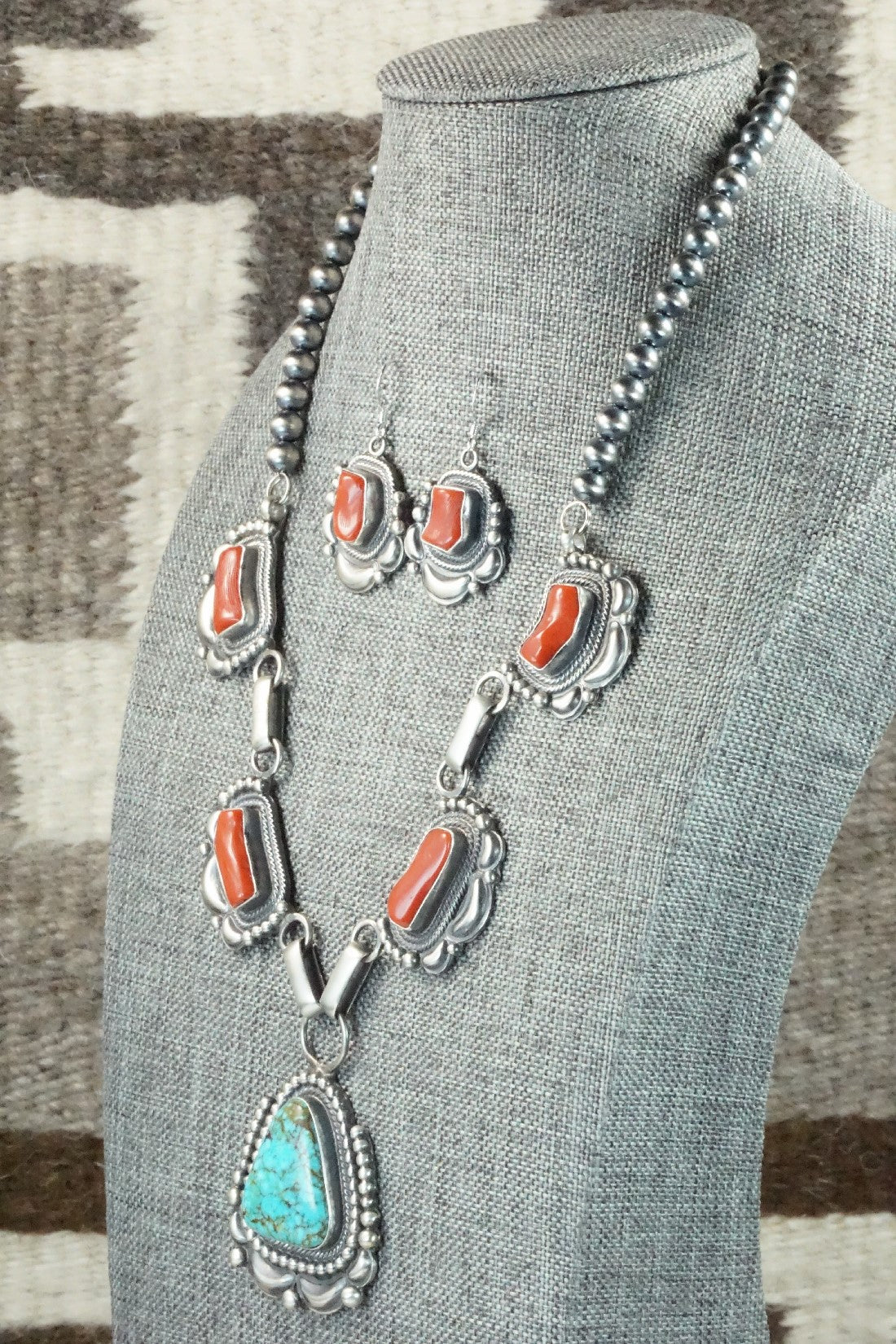 Turquoise, Coral & Sterling Silver Necklace and Earrings Set - Tom Lewis