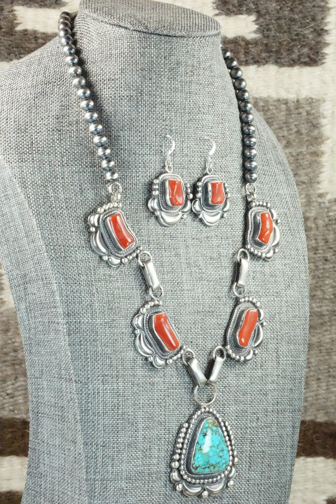 Turquoise, Coral & Sterling Silver Necklace and Earrings Set - Tom Lewis