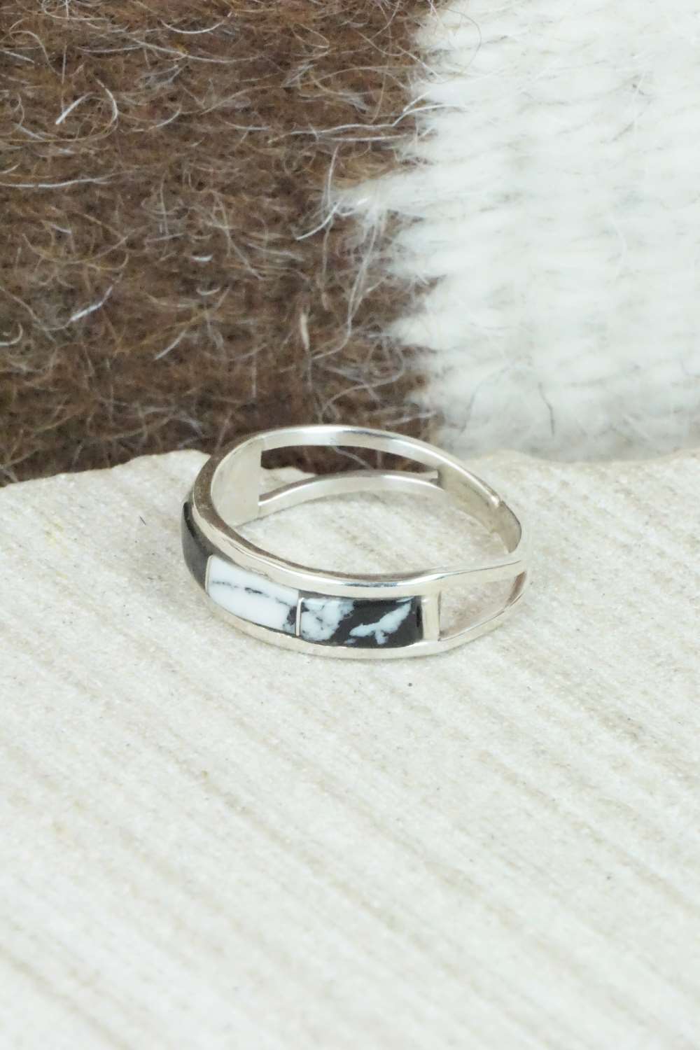 White Buffalo & Sterling Silver Inlay Ring - Debbie Livingston - Size 6.25
