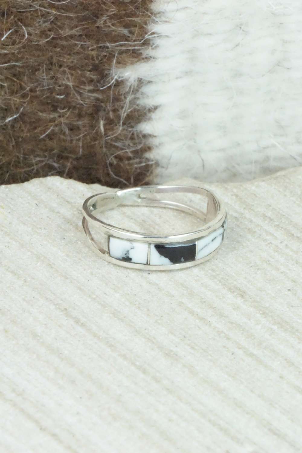 White Buffalo & Sterling Silver Inlay Ring - Debbie Livingston - Size 6.25