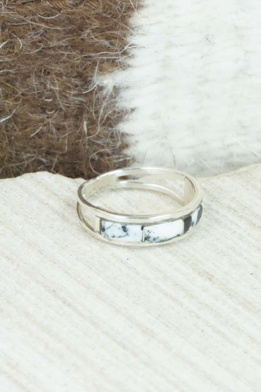 White Buffalo & Sterling Silver Inlay Ring - Debbie Livingston - Size 6.25