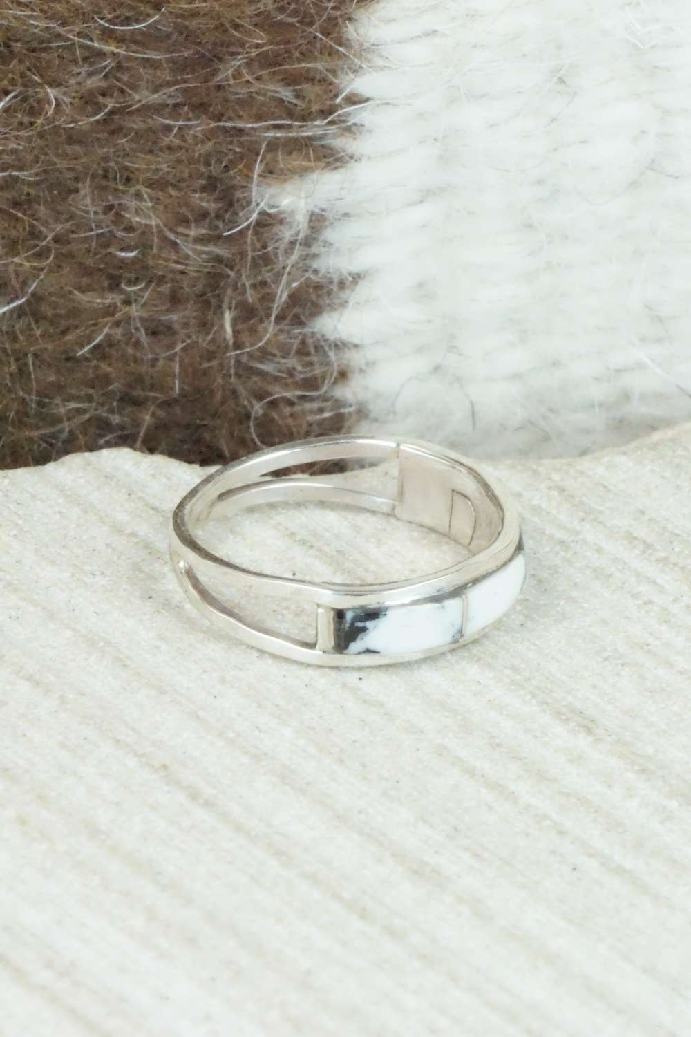 White Buffalo & Sterling Silver Inlay Ring - Debbie Livingston - Size 6.5