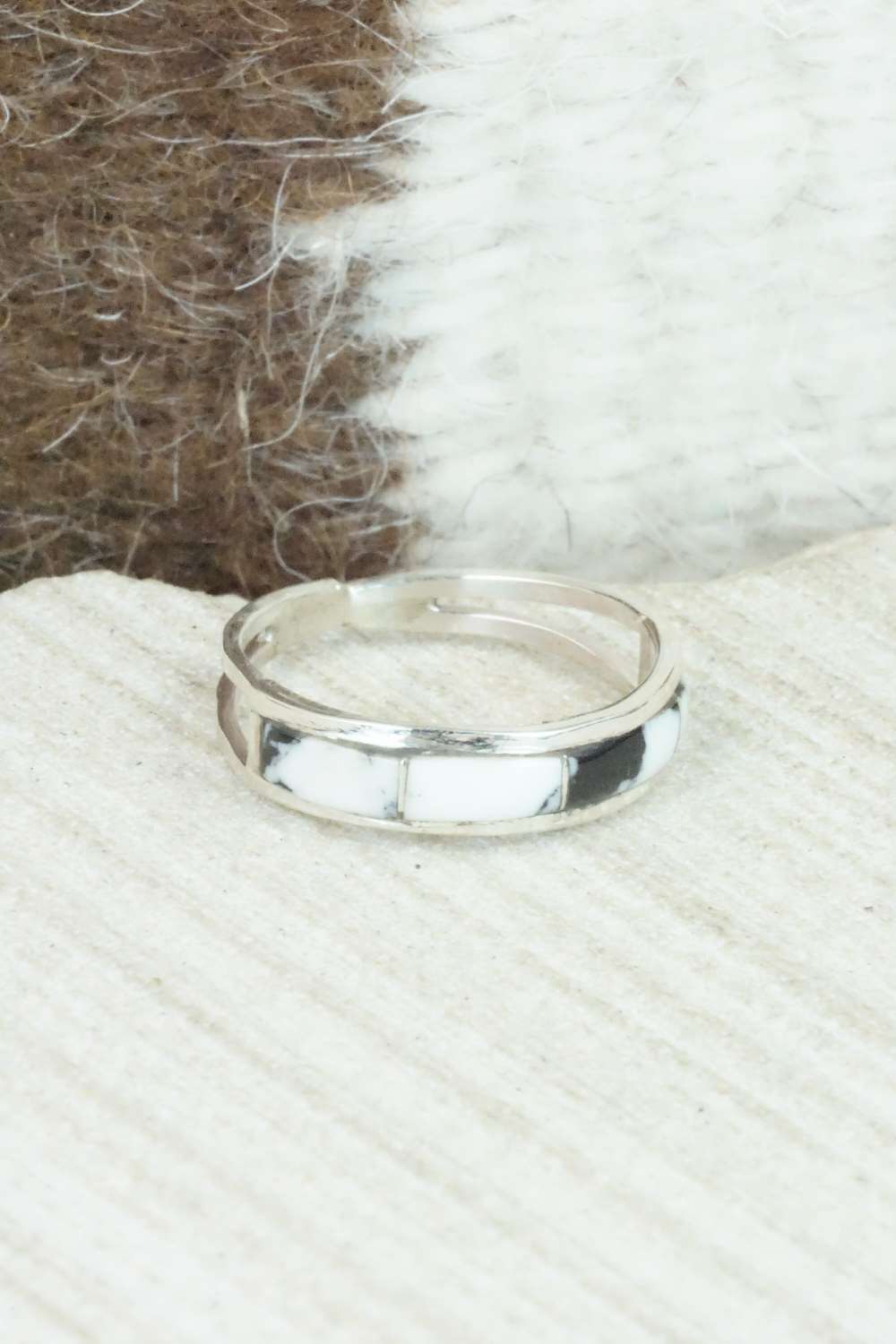 White Buffalo & Sterling Silver Inlay Ring - Debbie Livingston - Size 6.5