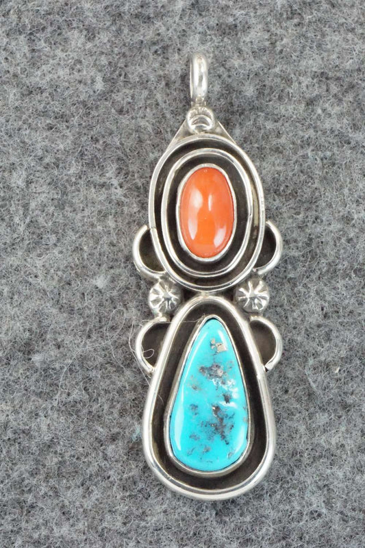 Turquoise, Coral & Sterling Silver Pendant - Roger Lewis