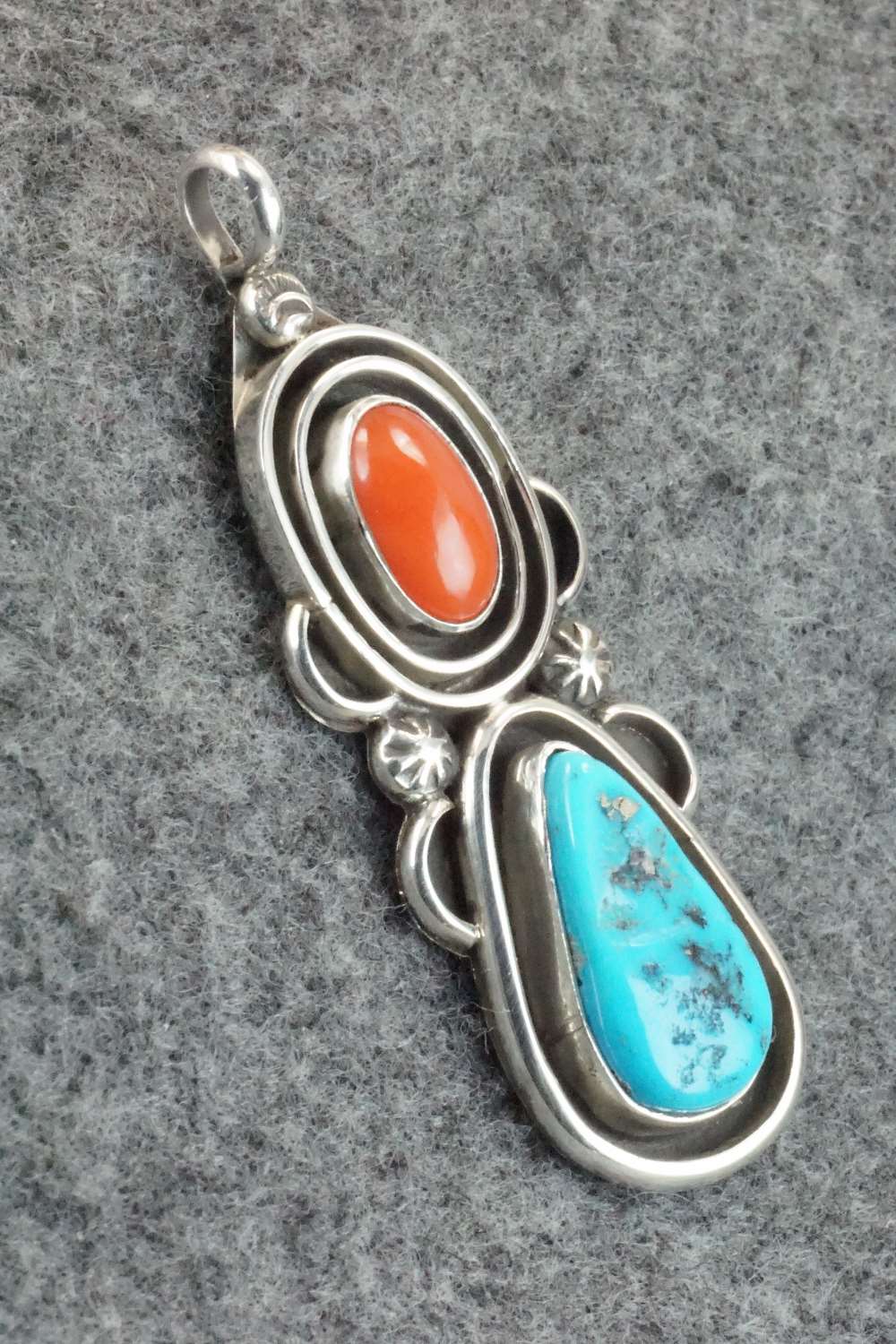 Turquoise, Coral & Sterling Silver Pendant - Roger Lewis