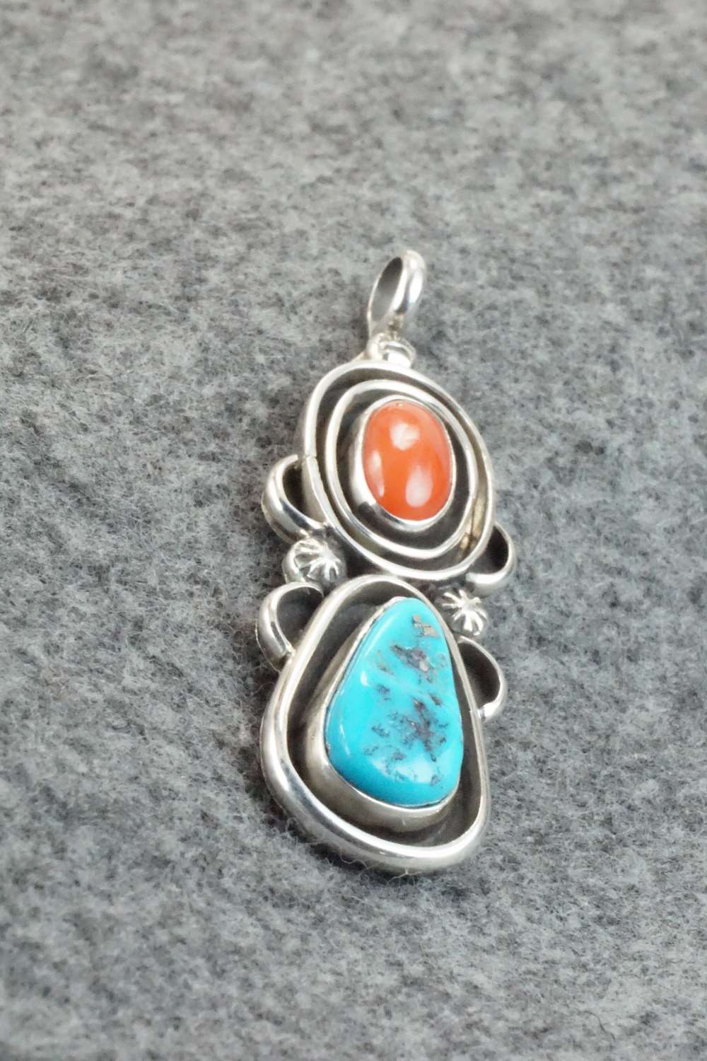 Turquoise, Coral & Sterling Silver Pendant - Roger Lewis