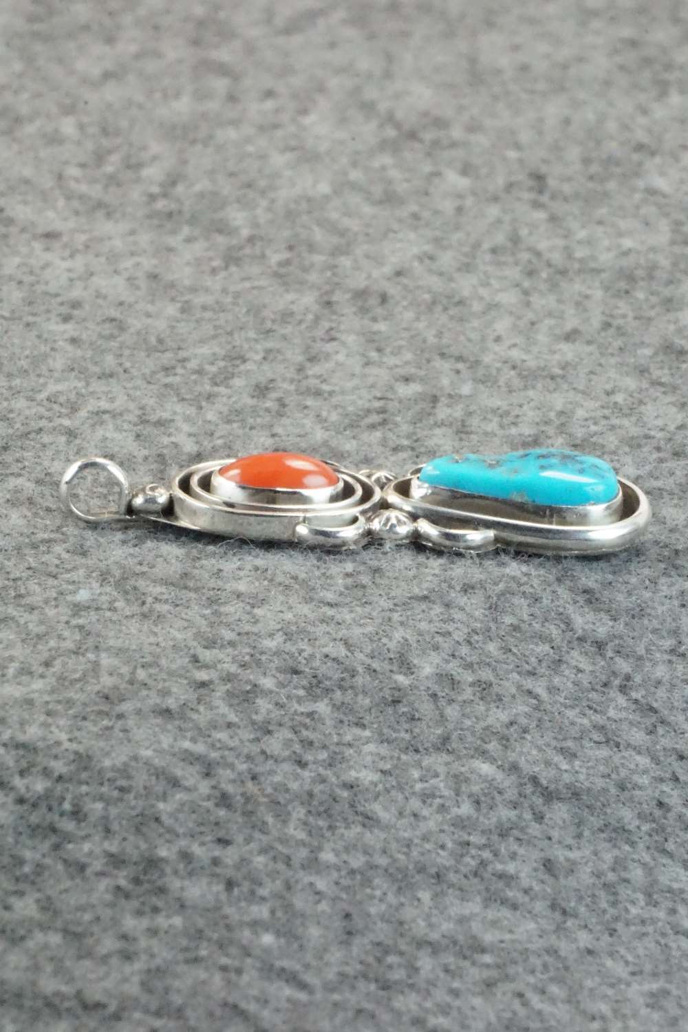 Turquoise, Coral & Sterling Silver Pendant - Roger Lewis