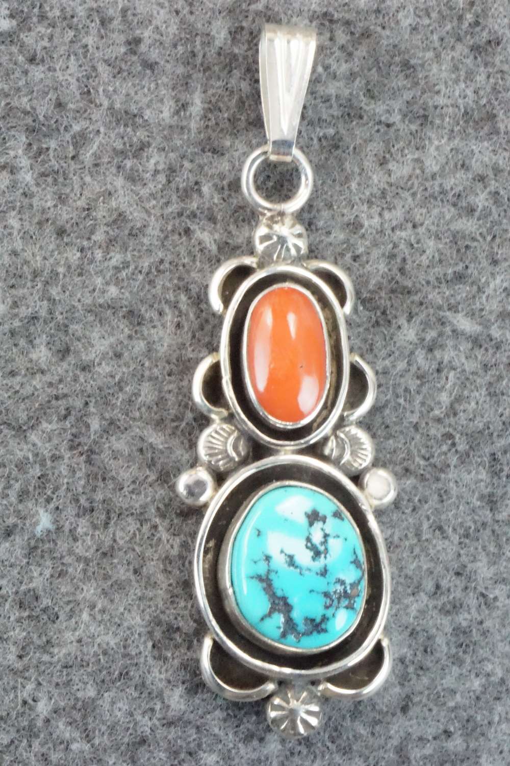 Turquoise, Coral & Sterling Silver Pendant - Roger Lewis