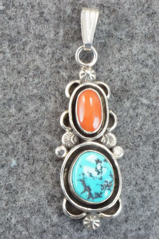 Turquoise, Coral & Sterling Silver Pendant - Roger Lewis