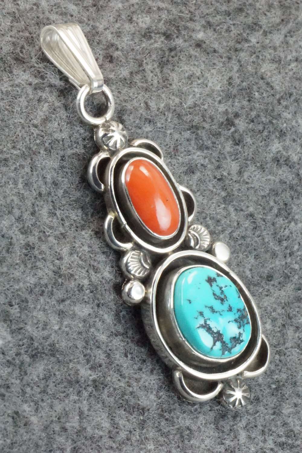 Turquoise, Coral & Sterling Silver Pendant - Roger Lewis