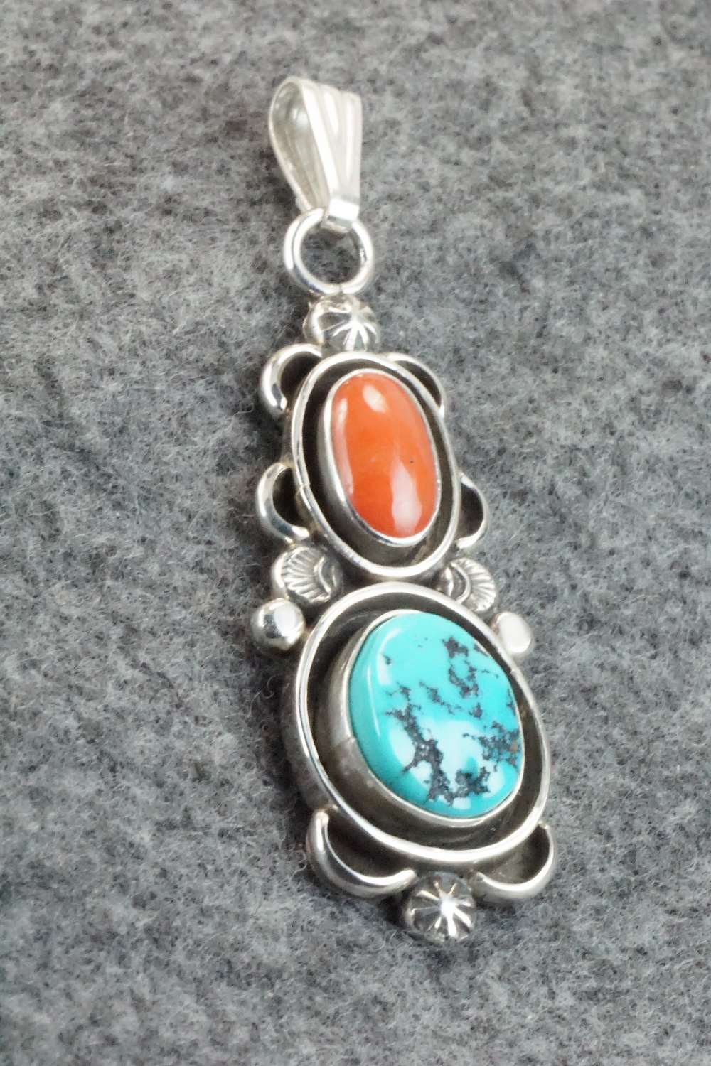 Turquoise, Coral & Sterling Silver Pendant - Roger Lewis