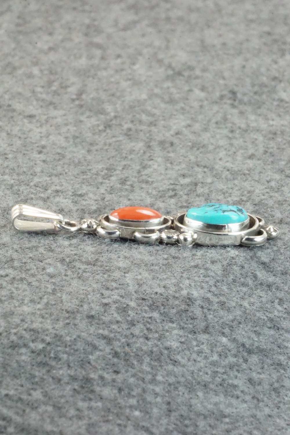 Turquoise, Coral & Sterling Silver Pendant - Roger Lewis