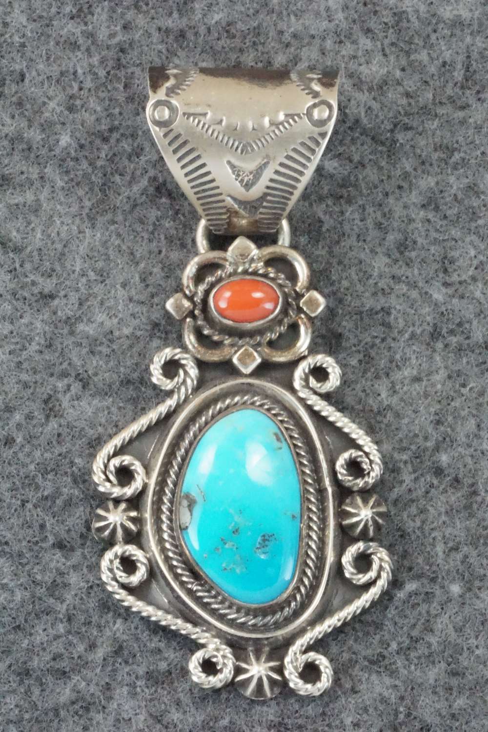Turquoise, Coral & Sterling Silver Pendant - Navajo