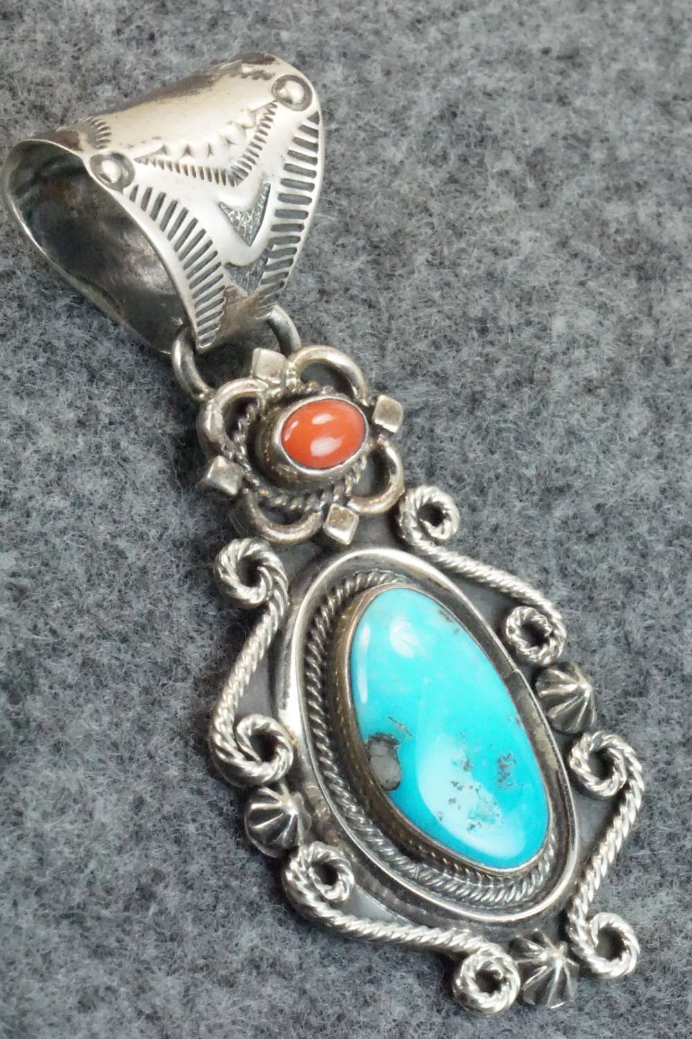 Turquoise, Coral & Sterling Silver Pendant - Navajo