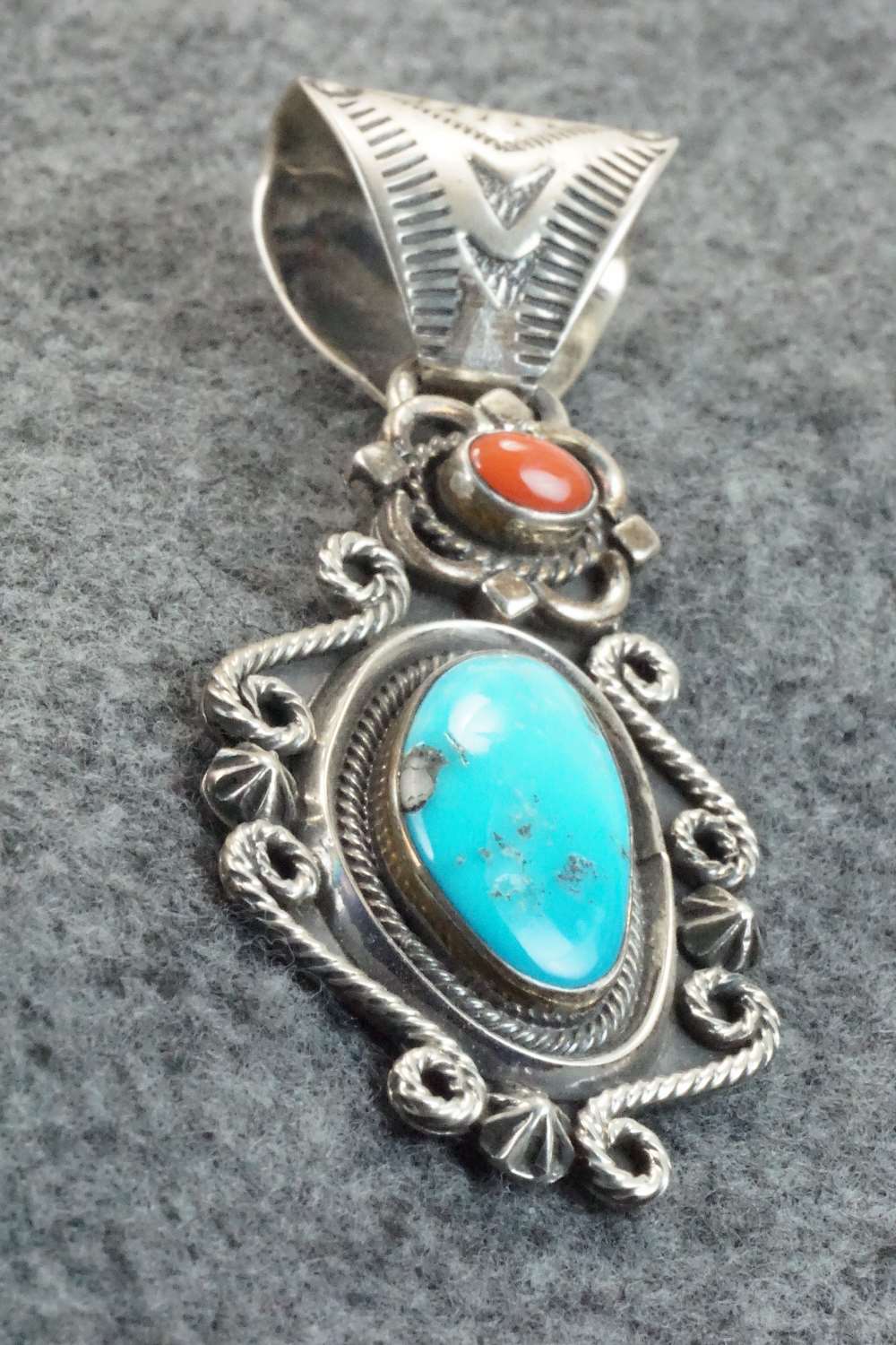 Turquoise, Coral & Sterling Silver Pendant - Navajo