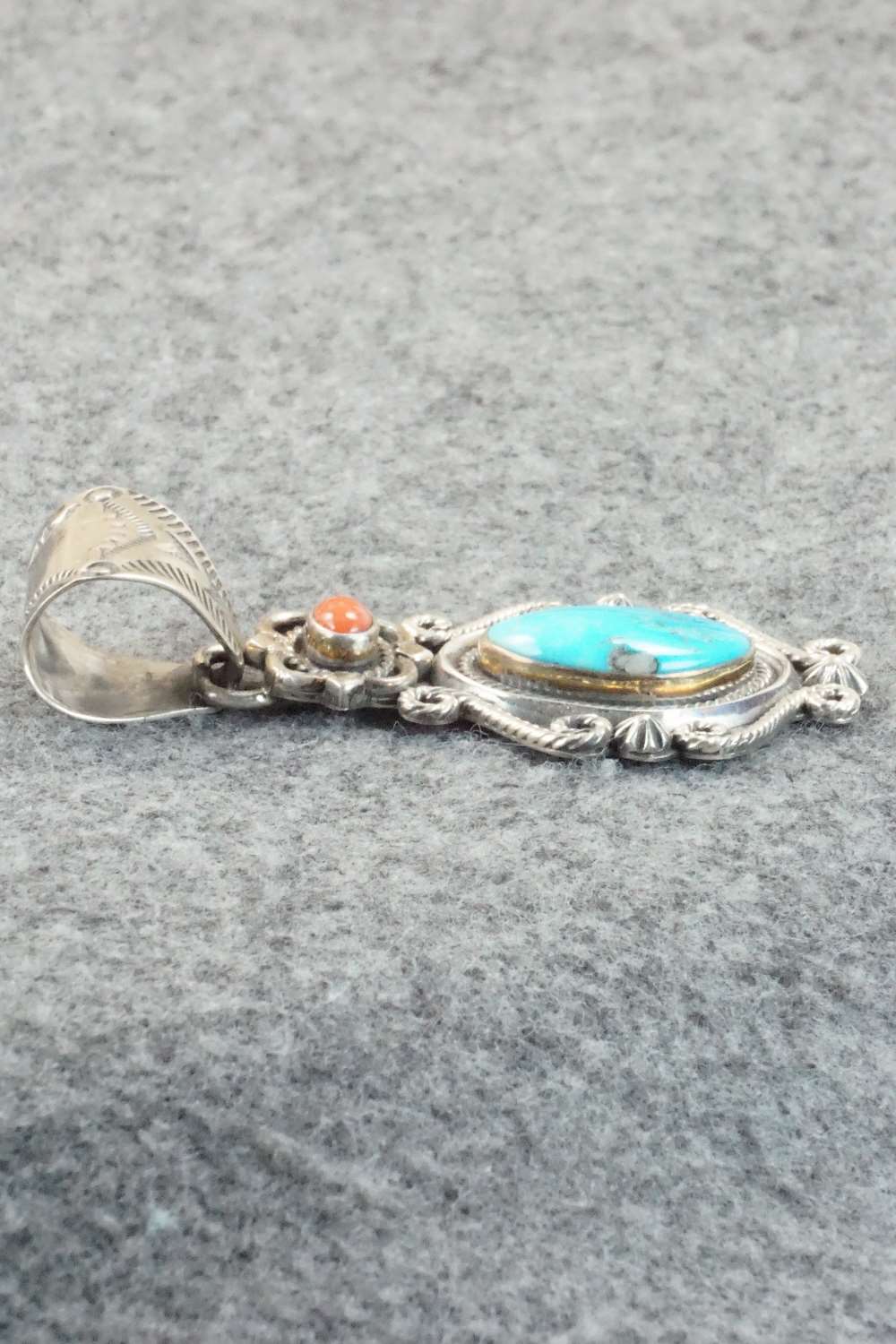 Turquoise, Coral & Sterling Silver Pendant - Navajo