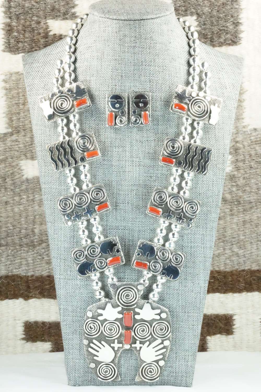 Coral & Sterling Silver Squash Blossom Necklace and Earrings - Alex Sanchez