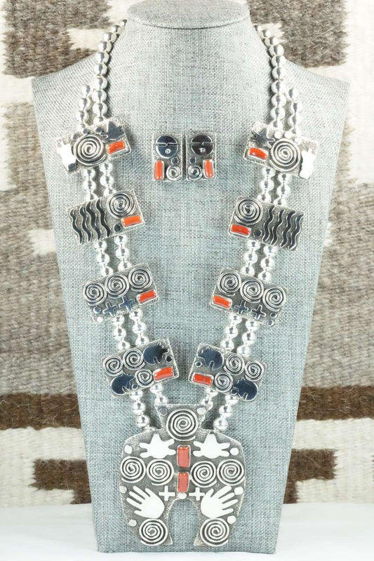 Coral & Sterling Silver Squash Blossom Necklace and Earrings - Alex Sanchez