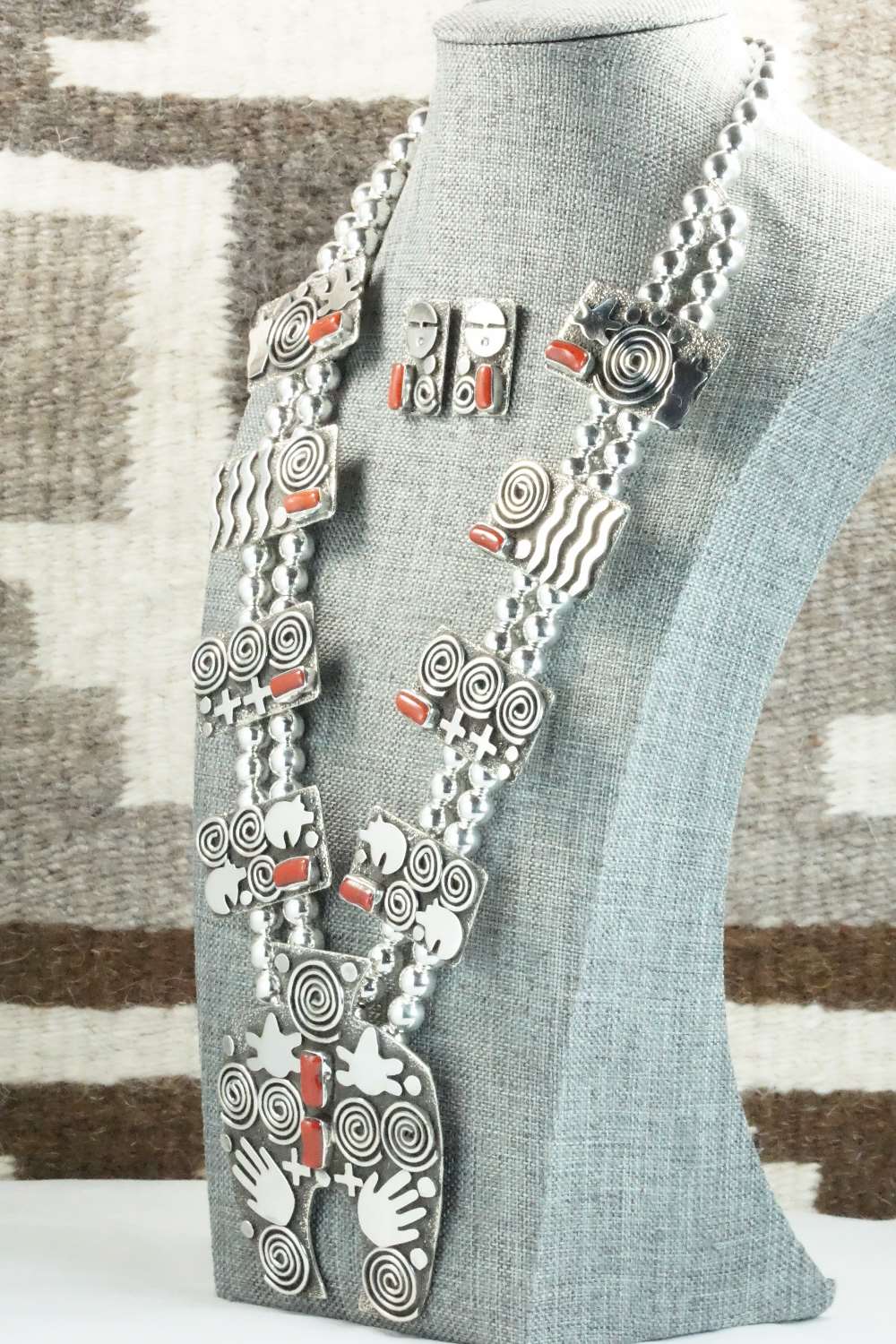 Coral & Sterling Silver Squash Blossom Necklace and Earrings - Alex Sanchez
