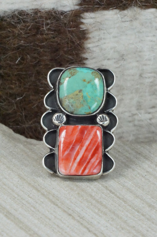 Turquoise, Spiny Oyster & Sterling Silver Ring - Priscilla Reeder - Size 8
