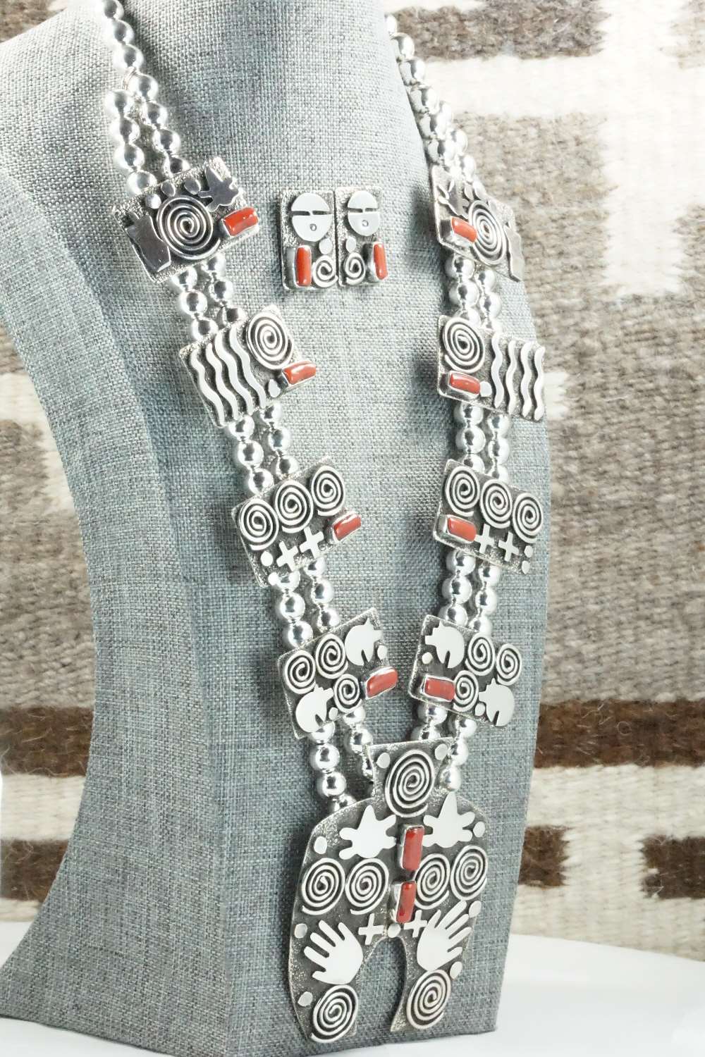Coral & Sterling Silver Squash Blossom Necklace and Earrings - Alex Sanchez