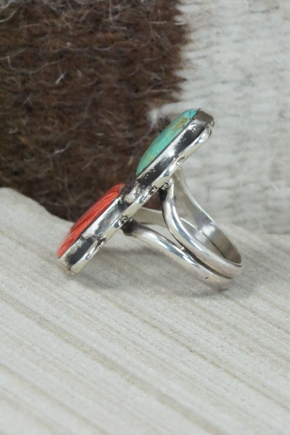 Turquoise, Spiny Oyster & Sterling Silver Ring - Priscilla Reeder - Size 8