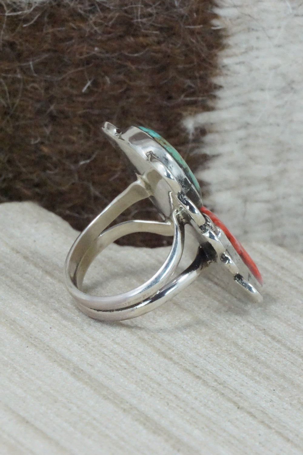 Turquoise, Spiny Oyster & Sterling Silver Ring - Priscilla Reeder - Size 8