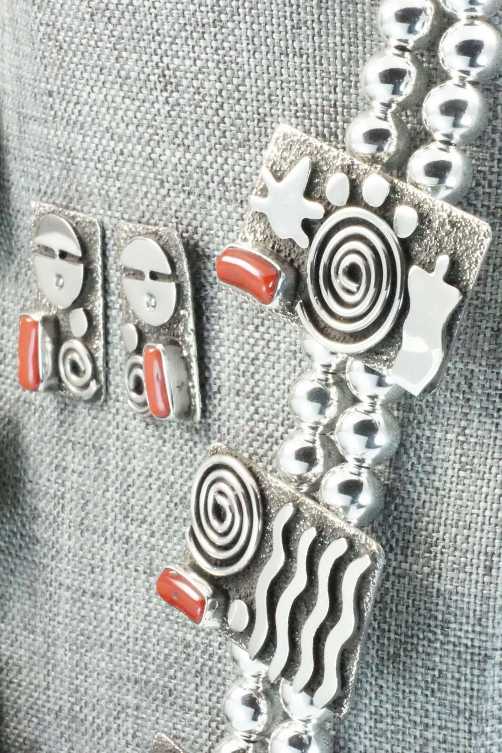 Coral & Sterling Silver Squash Blossom Necklace and Earrings - Alex Sanchez
