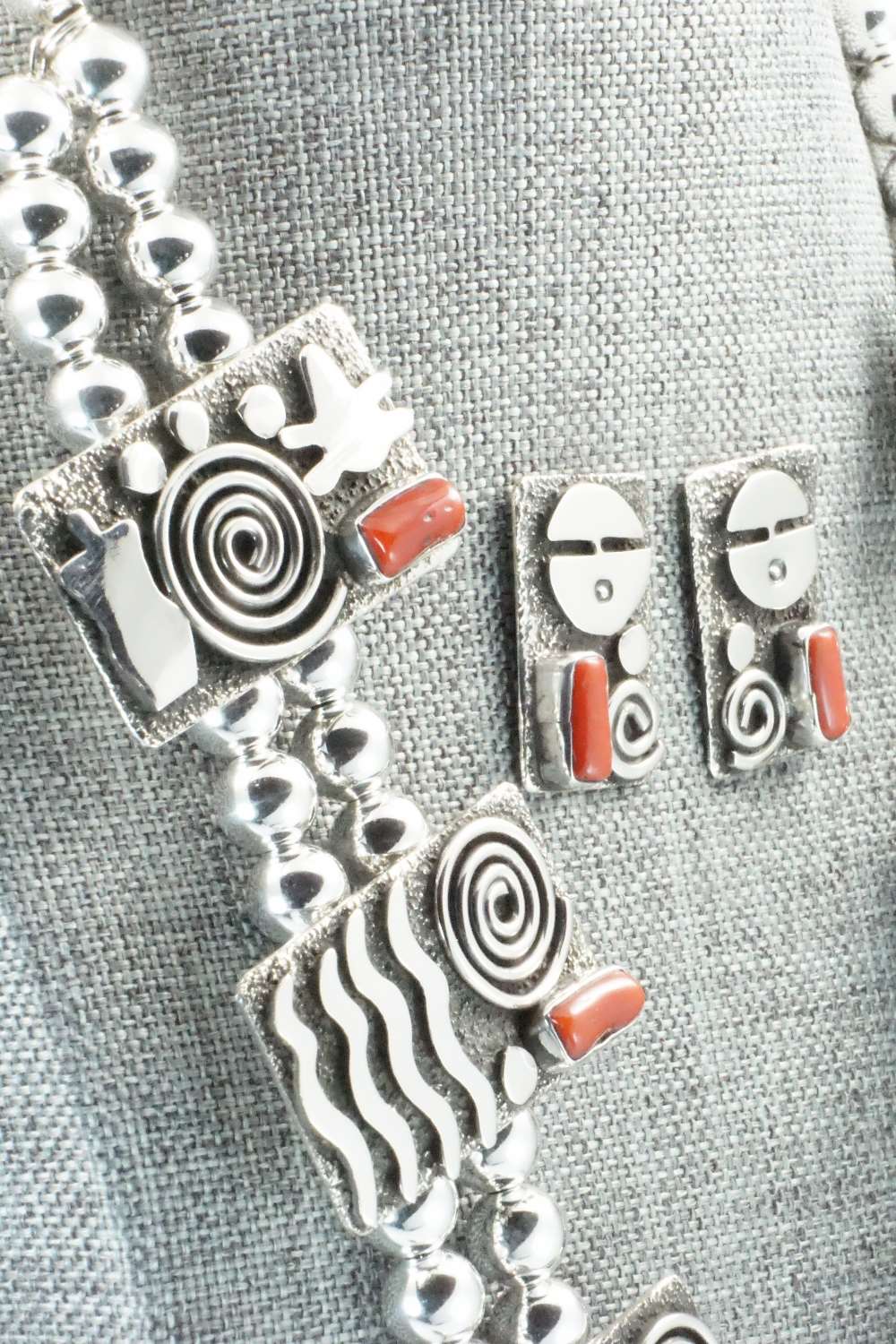 Coral & Sterling Silver Squash Blossom Necklace and Earrings - Alex Sanchez