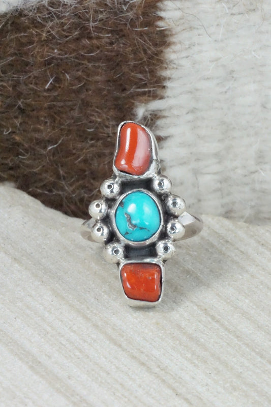 Turquoise, Coral & Sterling Silver Ring - Priscilla Reeder - Size 7.75