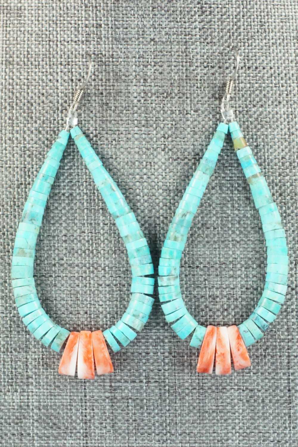 Turquoise, Spiny Oyster & Sterling Silver Earrings - Lupe Lovato