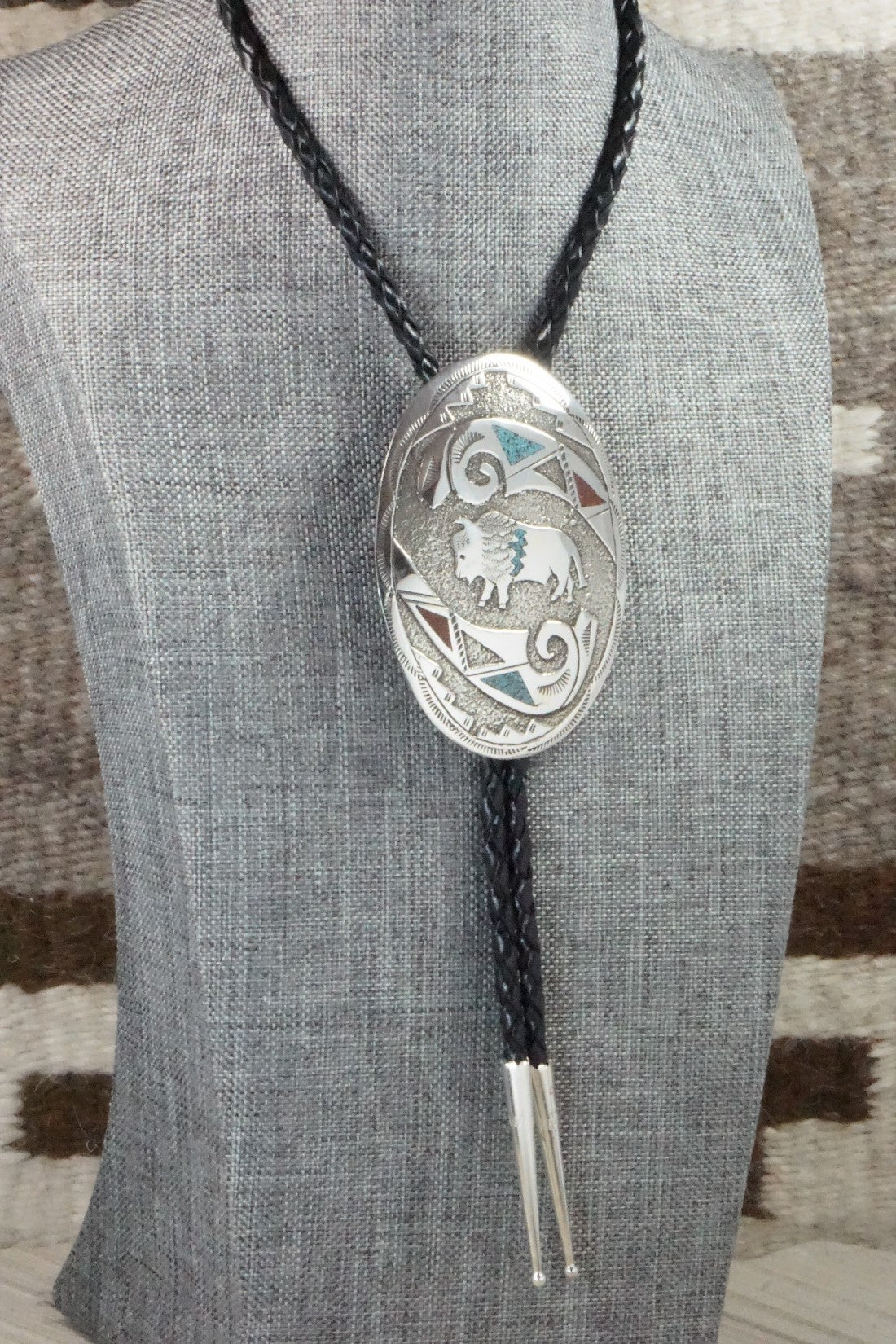 Turquoise, Coral & Sterling Silver Bolo Tie - Raymond Begay