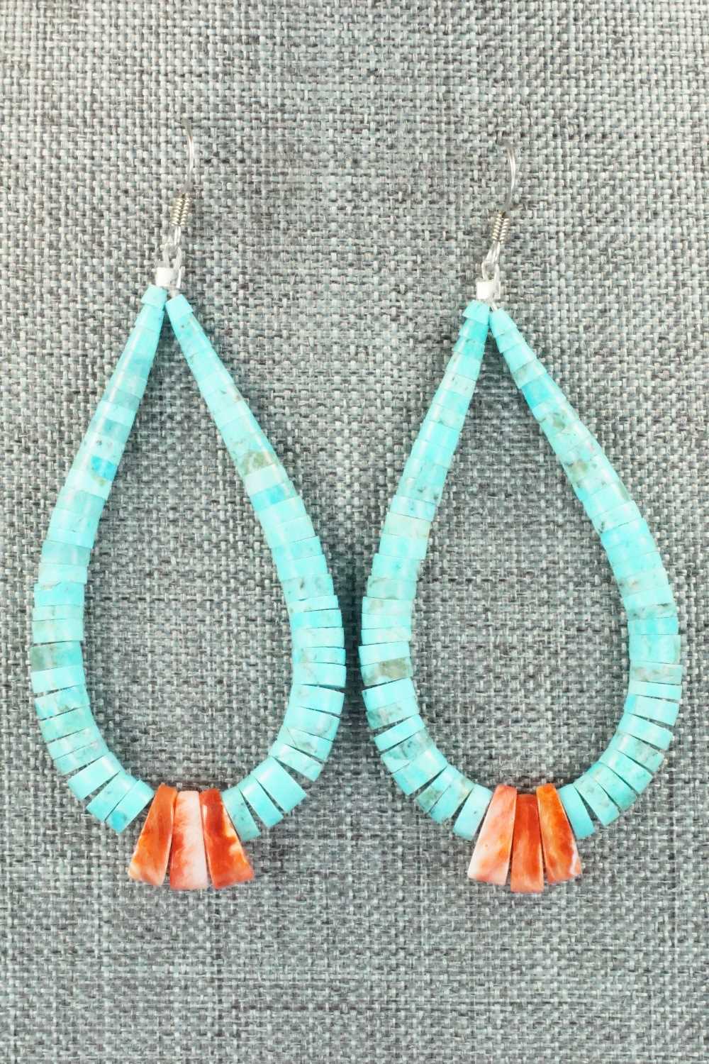 Turquoise, Spiny Oyster & Sterling Silver Earrings - Lupe Lovato