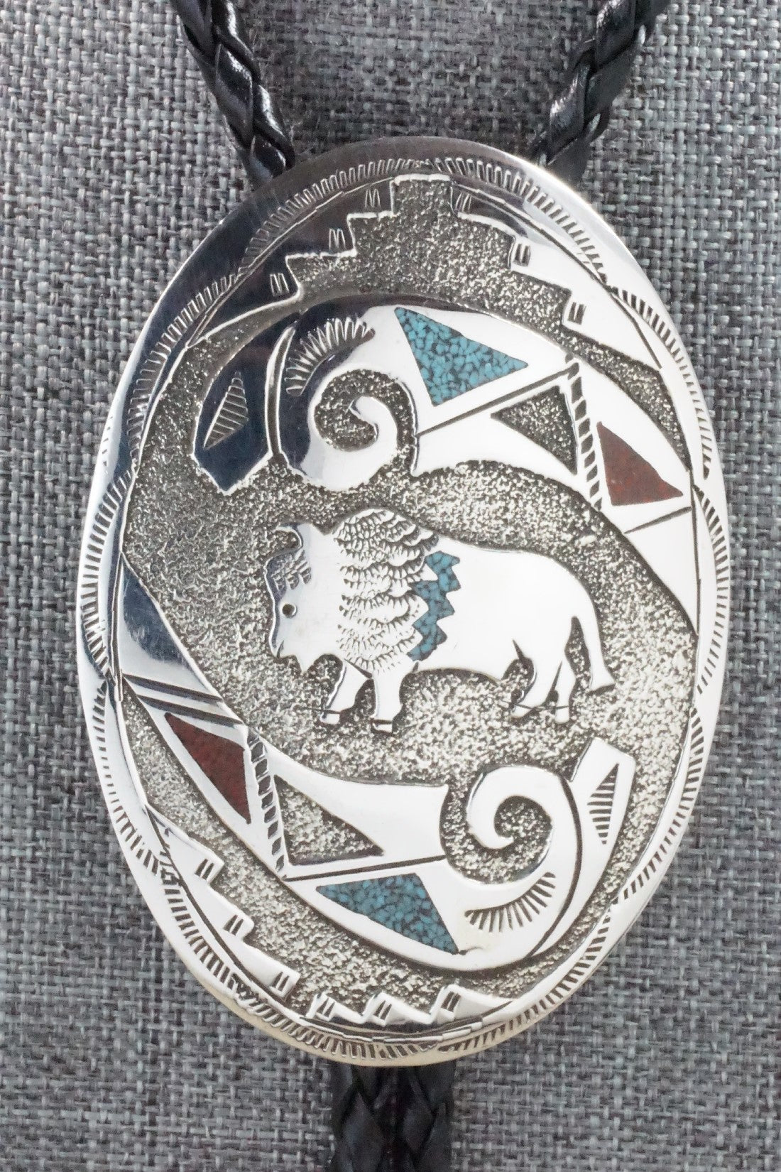 Turquoise, Coral & Sterling Silver Bolo Tie - Raymond Begay