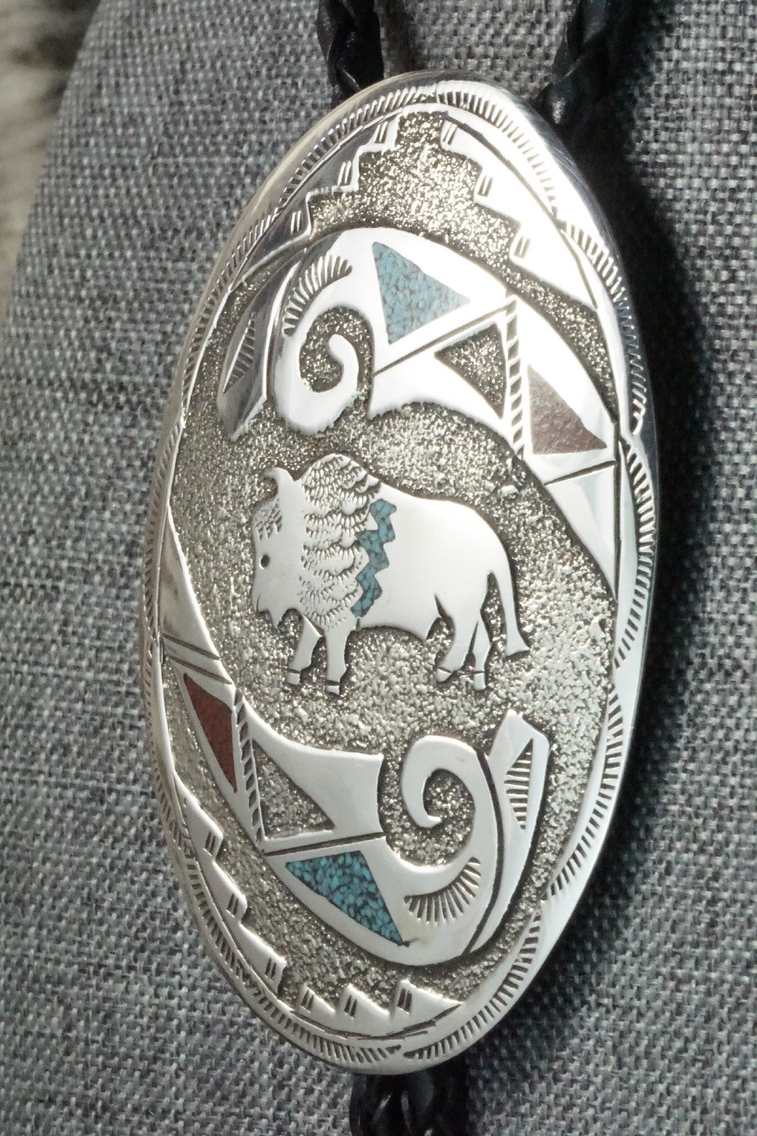 Turquoise, Coral & Sterling Silver Bolo Tie - Raymond Begay