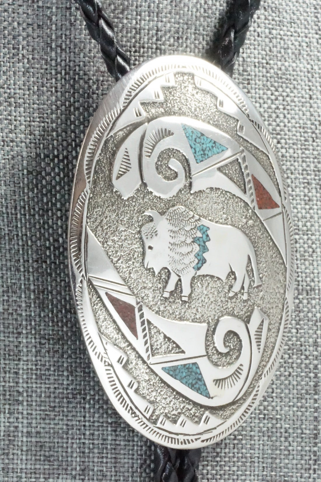 Turquoise, Coral & Sterling Silver Bolo Tie - Raymond Begay