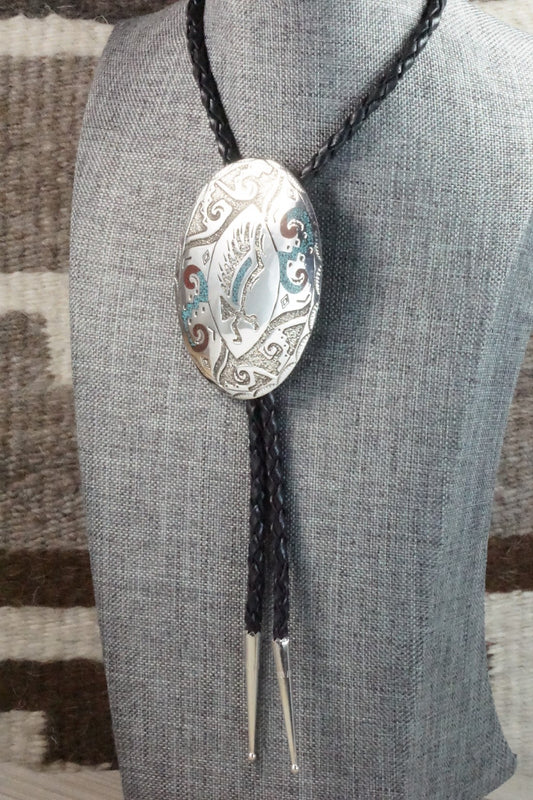 Turquoise, Coral & Sterling Silver Bolo Tie - Raymond Begay