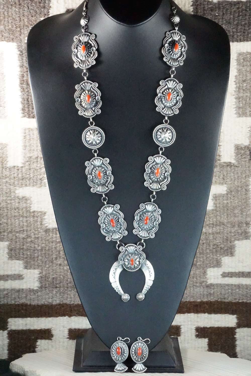 Coral & Sterling Silver Squash Blossom Necklace and Earrings - Hemerson Brown
