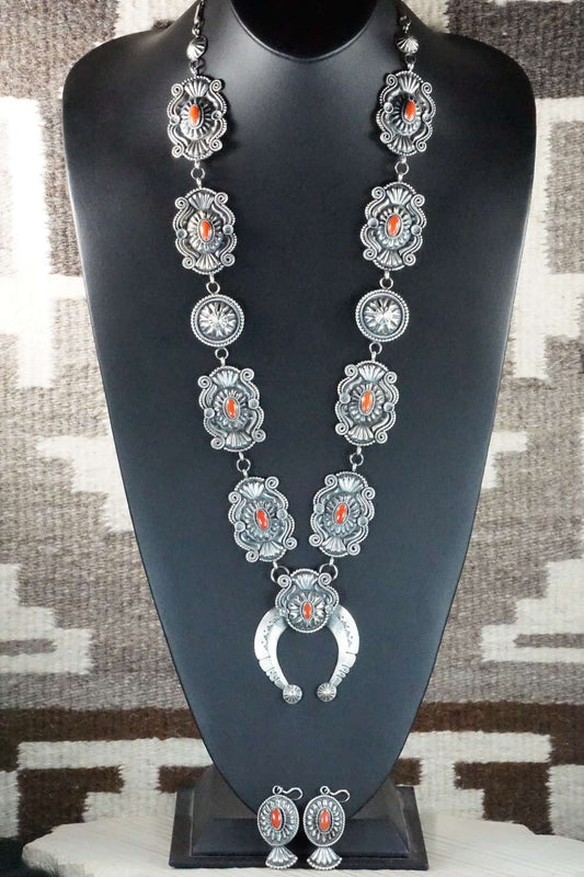 Coral & Sterling Silver Squash Blossom Necklace and Earrings - Hemerson Brown