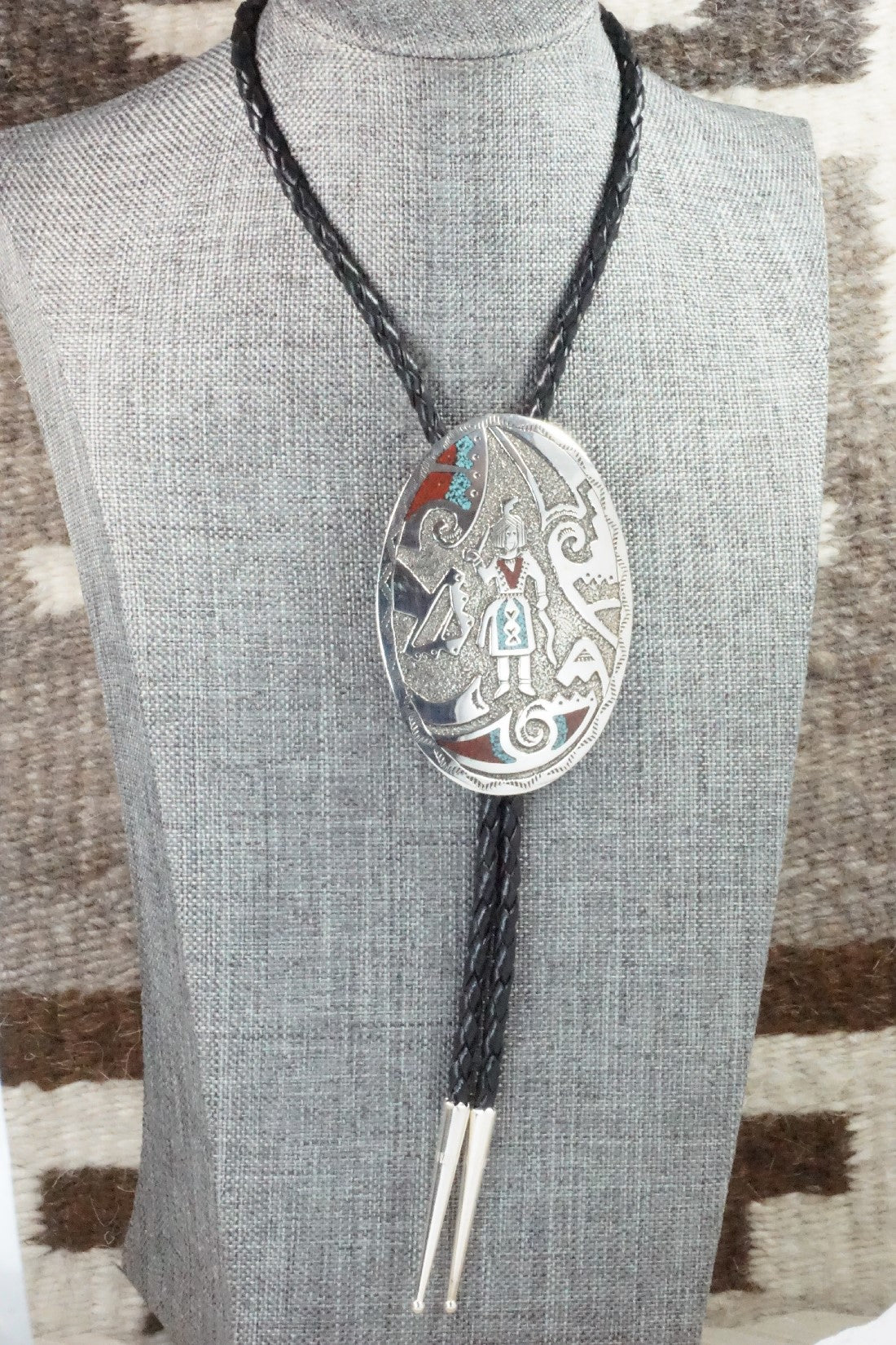 Turquoise, Coral & Sterling Silver Bolo Tie - Raymond Begay